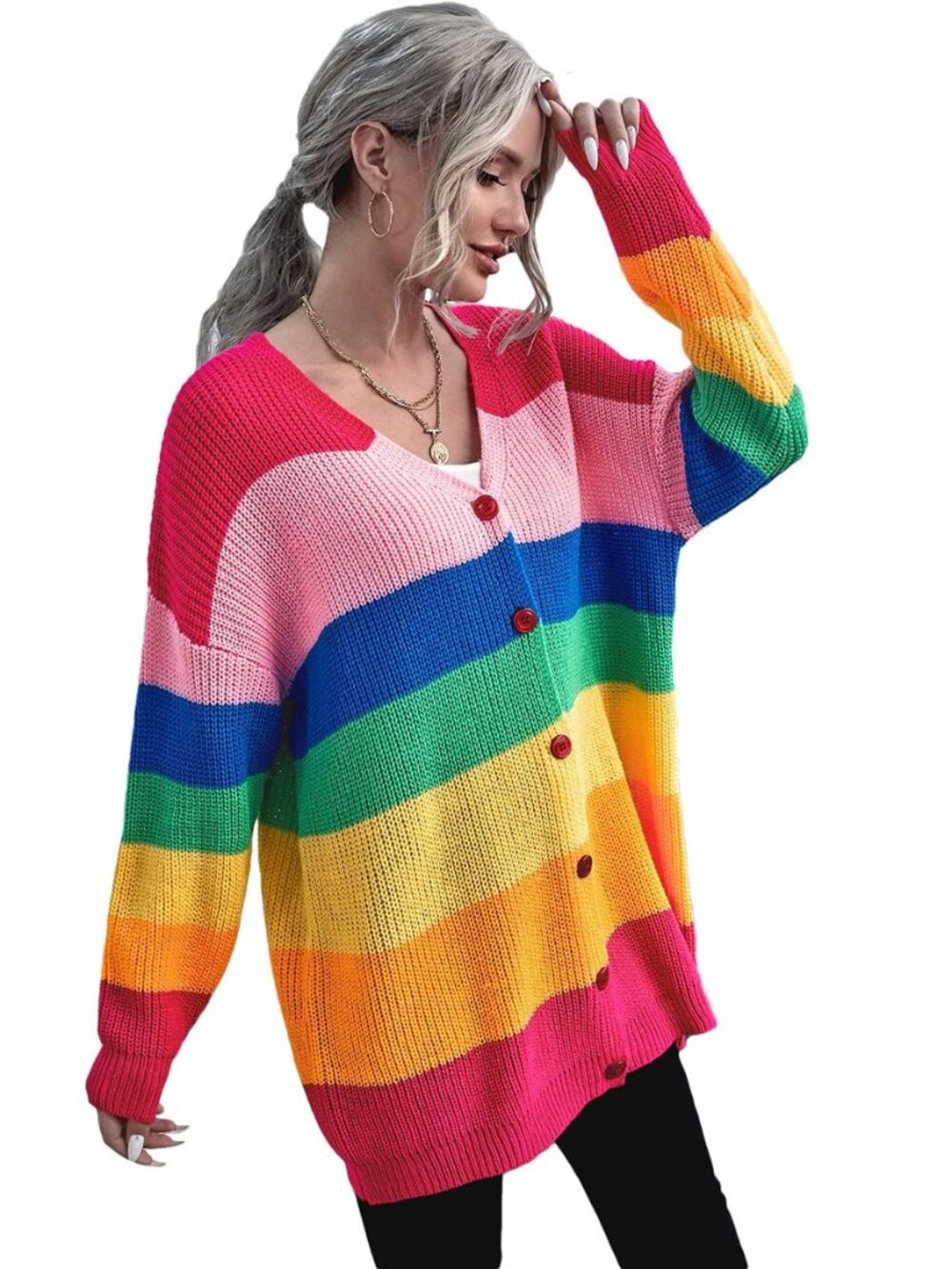 Women's Rainbow Striped Print Button Front Long Sleeve Cardigan Sweater